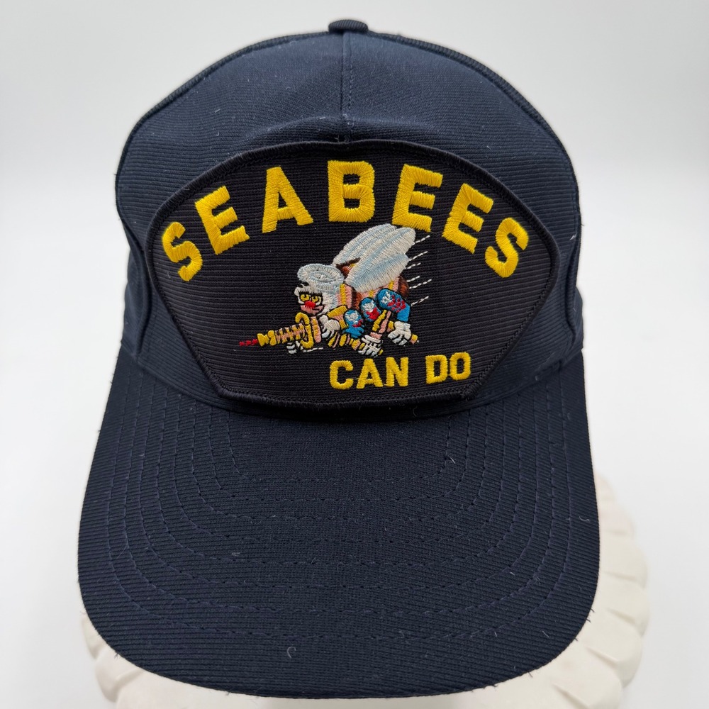 Vintage US Navy Seabees Can Do Snapback Hat Navy Blue Eagle Crest Made in USA